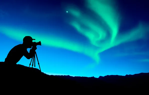 Nature, Northern lights, camera, silhouette, the camera, photographer, photographer, relieves