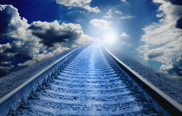Picture the sky, clouds, rails, The sun