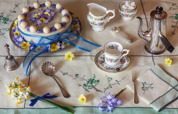 Flowers, table, tape, Cup, cake, dishes, sugar, tablecloth