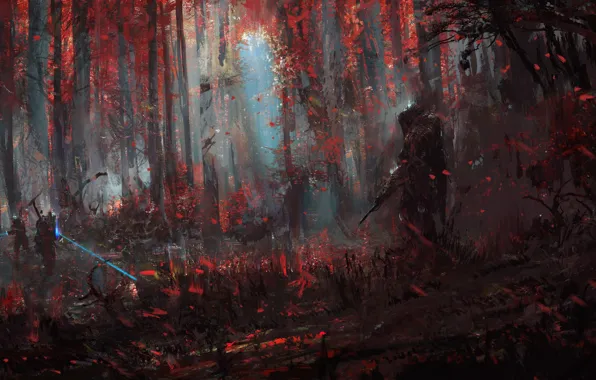 Picture forest, fiction, color, art, soldiers, science fiction, art, Illustration