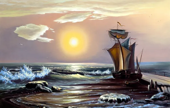 Sea, wave, the sky, the sun, boat, ship, painting