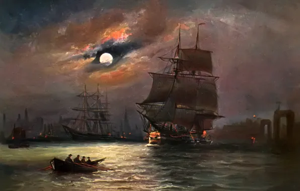 Sea, the sky, landscape, night, boat, ship, picture, The moon