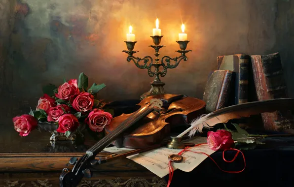 Flowers, style, notes, pen, violin, books, roses, candles