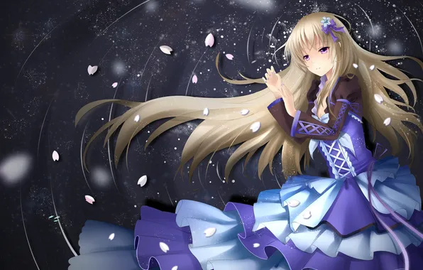 Picture water, girl, stars, anime, petals, art, yeluno upgrade