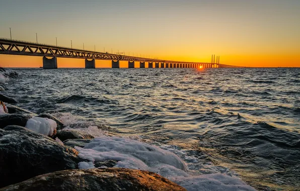 Picture sunset, Sweden, Sweden, Bunkeflostrand, Oresund Strait, Oresund Bridge, the øresund Strait, The öresund bridge