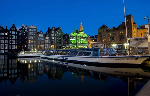 Night, lights, home, pier, lights, Netherlands, boats, Amsterdam