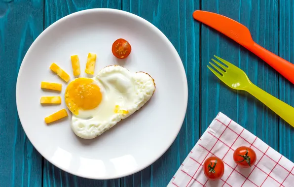 Breakfast, cheese, scrambled eggs, tomatoes, the sun, breakfast