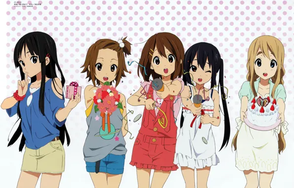 Gift, bouquet, Schoolgirls, friend, congratulations, polka dot, Mio Akiyama, Light music