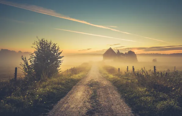 House, Clouds, Sky, Landscape, Tree, Fog, Field, Chemtrails