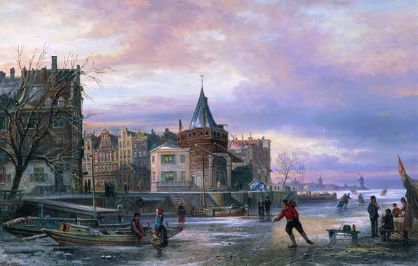 Home, Winter, River, Ice, People, Picture, Dutch artist, Elias Pieter van Bommel