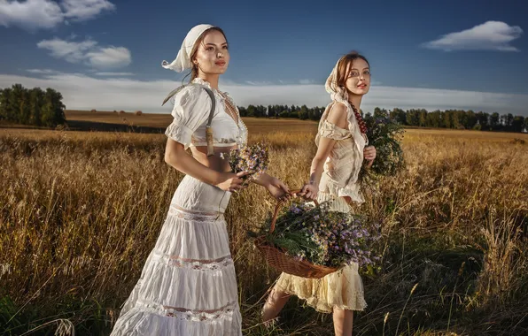 Summer, sky, field, girls, flowers