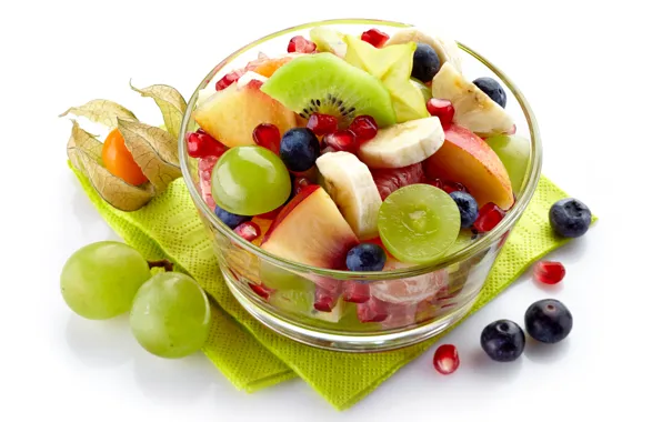 Kiwi, blueberries, grapes, bananas, peach, grape, fruit, peach