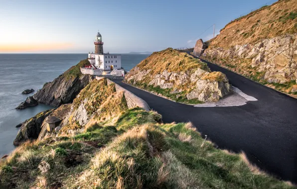 Road, sea, stones, rocks, coast, lighthouse, Ireland, Dublin