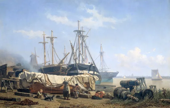 Picture landscape, ship, picture, genre, Johan Conrad Greive, Lunchtime at the Shipyard on the River Maas