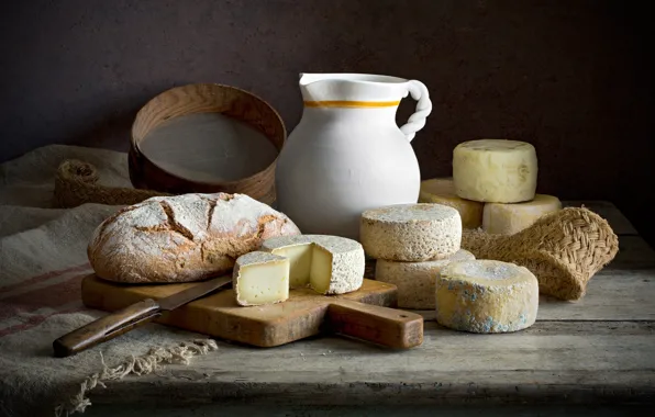 The dark background, food, cheese, bread, dishes, pitcher, still life, composition