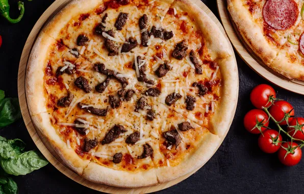 Cheese, meat, pizza, tomatoes, cakes, pizza, the dough, salami