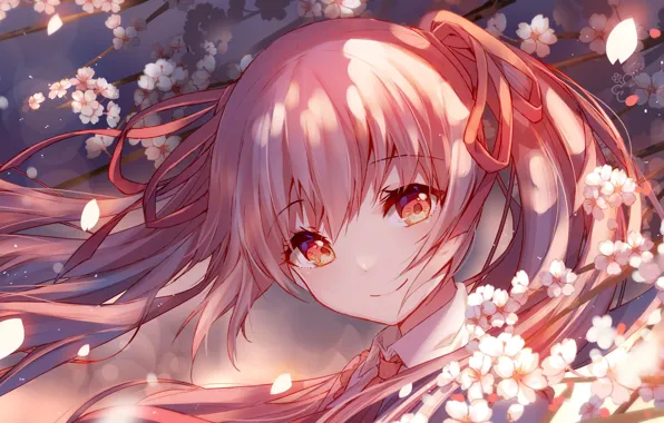 Girl, flowers, anime, petals, Sakura, art, vocaloid, sakura, mike