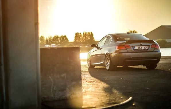 The sky, trees, grey, bmw, BMW, grey, back, e92