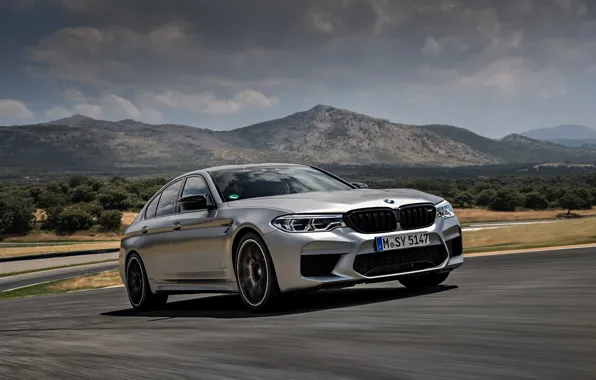 Clouds, mountains, grey, BMW, sedan, track, relief, 4x4