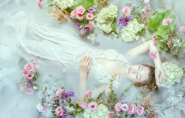 Picture water, girl, flowers, pose, mood, hands, Asian