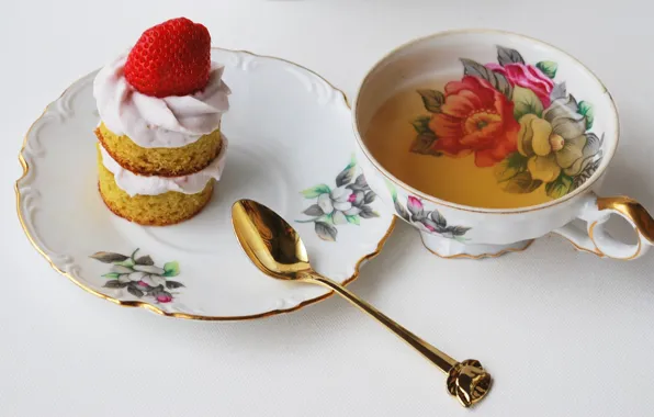 Cake, spoon, Cup, good morning, tea