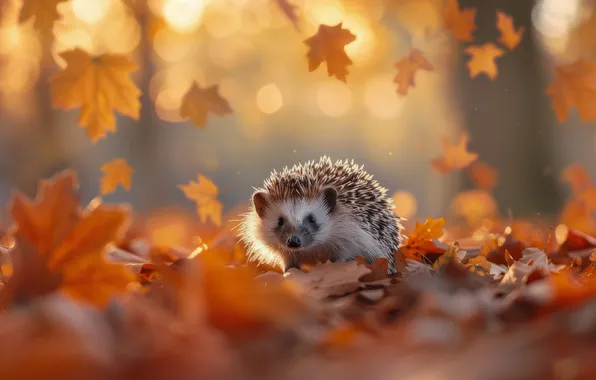 Autumn, leaves, light, nature, glade, foliage, hedgehog, falling leaves