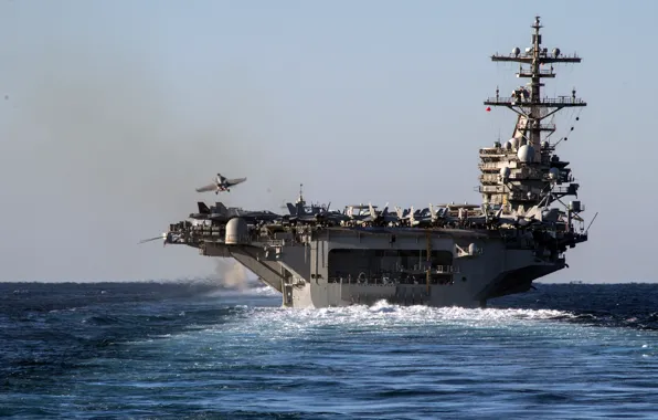 The sky, the plane, the rise, The Atlantic ocean, the aircraft carrier USS George HW …