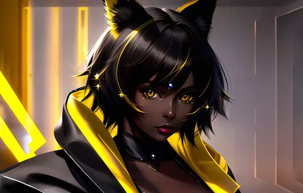 Picture look, yellow, sequins, brunette, ears, dark-skinned beauty, AI art, AI art