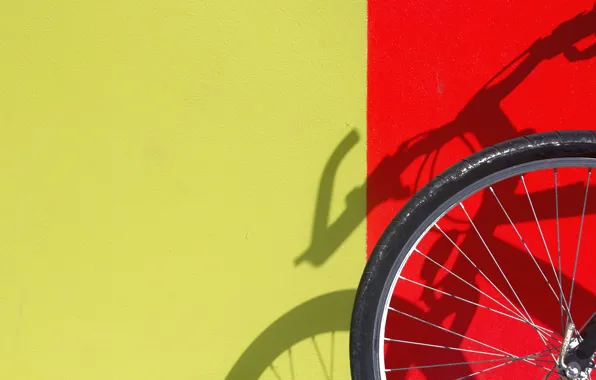 Red, bike, yellow, wall, shadow, wheel