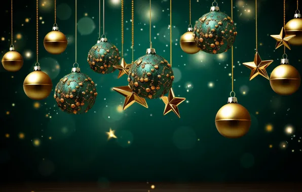 Decoration, the dark background, gold, green, balls, New Year, Christmas, golden