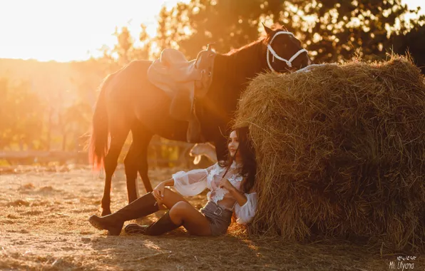 Picture girl, pose, horse, horse, boots, hay, Kip, Juliana Mizinova