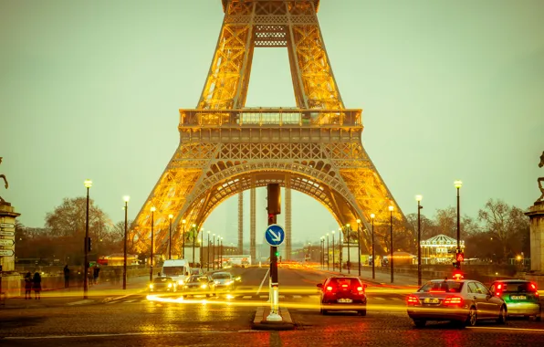 Machine, France, Paris, the evening, lighting, lights, Eiffel tower, Jena bridge