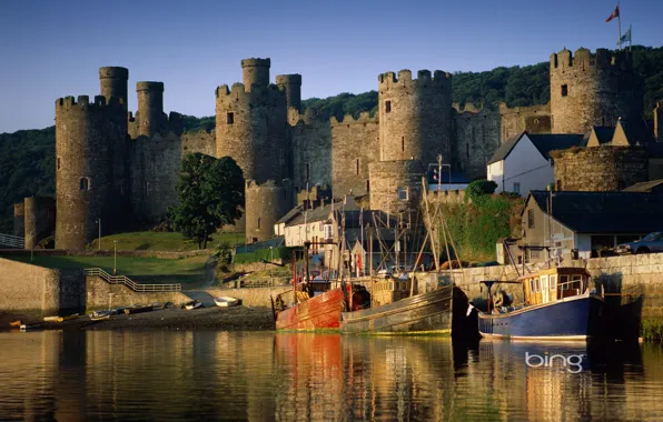 The sky, grass, water, trees, house, castle, boat, tower