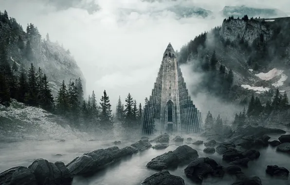 Forest, clouds, mountains, fog, castle, rocks, Gothic, shore