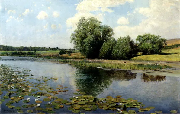 The sky, water, trees, picture, reed, painting, the bushes, water lilies