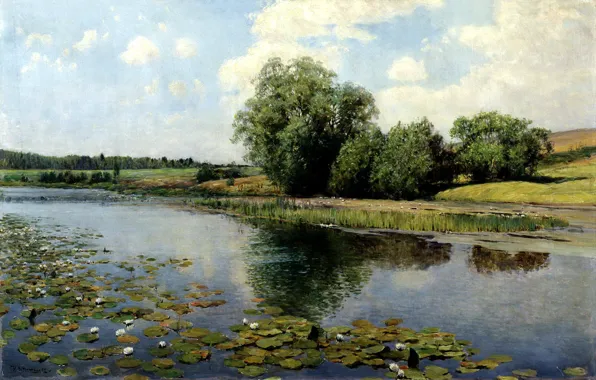 Picture the sky, water, trees, picture, Lily, reed, painting, the bushes