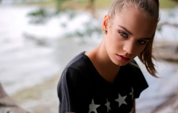 Model, portrait, makeup, t-shirt, hairstyle, blonde, bokeh, Andrey Zhukov