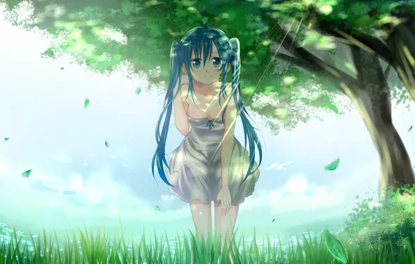 Picture leaves, girl, light, trees, nature, art, vocaloid, hatsune miku