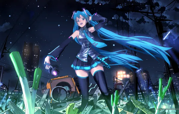 Picture girl, night, the city, anime, art, vocaloid, hatsune miku, inumaru