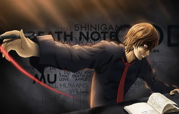 Labels, hand, art, guy, notebook, red eyes, death note, yagami light