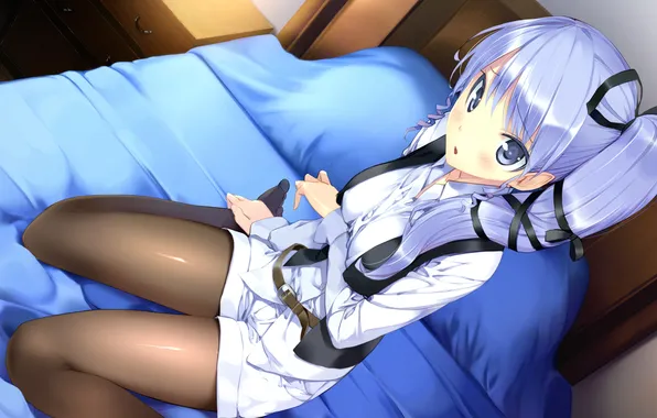 Picture girl, room, bed, bed, blue hair, sitting