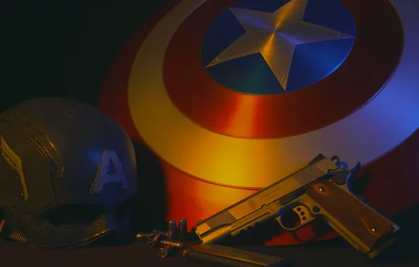 Picture helmet, shield, captain america, 1911, smith &ampamp; wesson, semi-automatic pistol