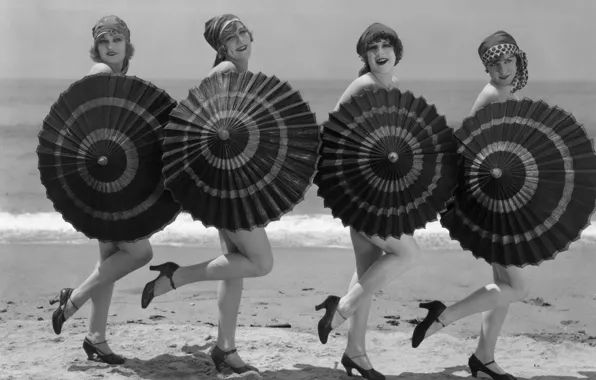 Girls, Dance, Umbrella, Black and White