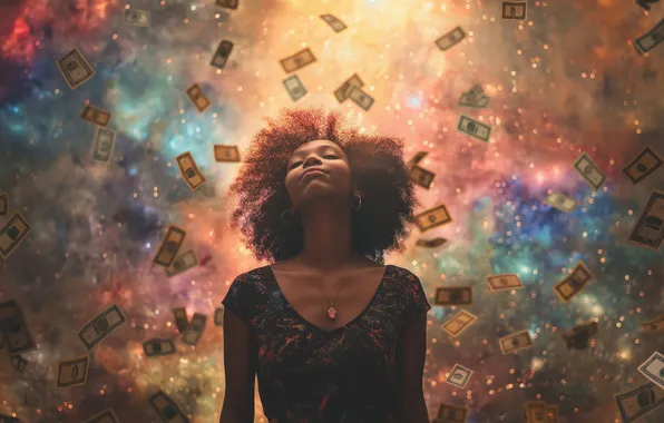 Girl, hair, money, dollars, black woman, digital art, AI art, The Art of Artificial Intelligence