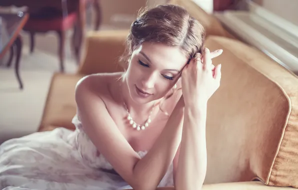 Girl, decoration, sofa, ring, dress, neckline, brown hair, necklace