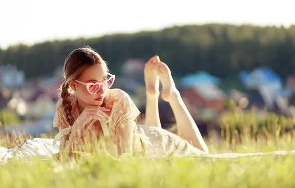 Summer, girl, pose, glasses, braids, legs, nature, Evgeny Bulatov