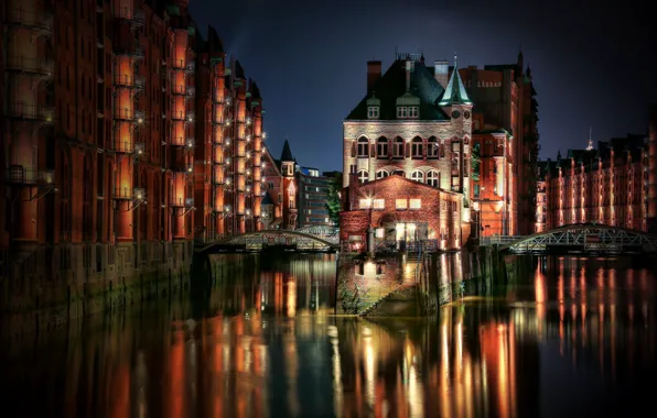 Night, the city, lights, home, the evening, Germany, channel, Hamburg