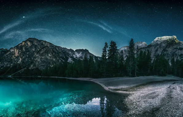 Forest, landscape, mountains, night, nature, lake, stars, Italy