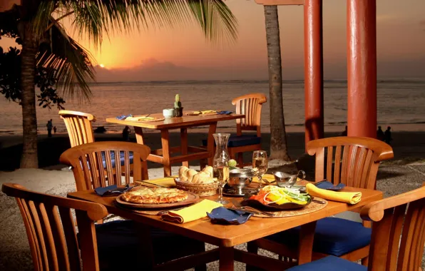 Picture the ocean, the evening, restaurant, dinner