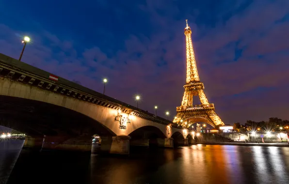 Night, bridge, lights, river, France, Paris, Hay, Eiffel tower